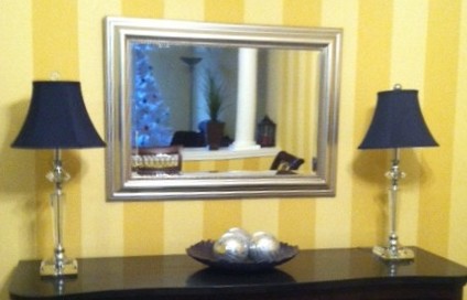 Navy blue lamp shades on buffet lamps
