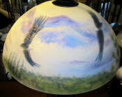 Reverse painted lamp, 18" glass shade with eagles soaring
